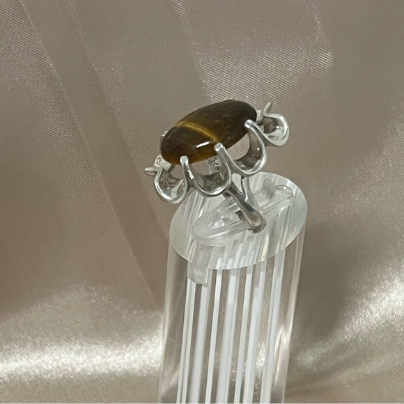 Vintage Sterling Silver Ribbon Ruffle Edge Tiger's Eye Ring 925 Size 5.5 Unique - Picture 2 of 16